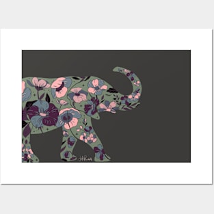 Floral Elephant Silhouette - Muted Greens Posters and Art